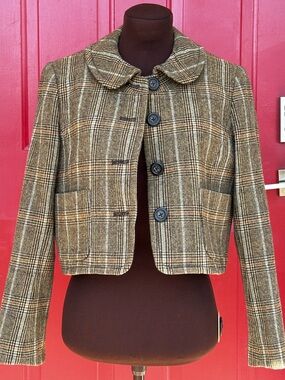 J CREW s6 brn Plaid Cropped Blazer-rounded collar-lined-wool-adorable-LOOKS NEW!